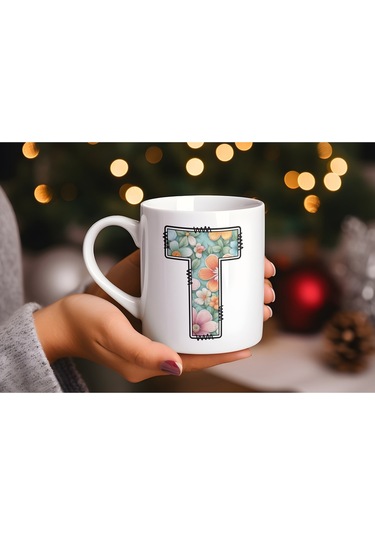 T Harfli Pastel Çiçek Desenli Kahve Kupası - Kişiye Özel Çiçekler Koleksiyonu Bardak - Hediye Beyaz