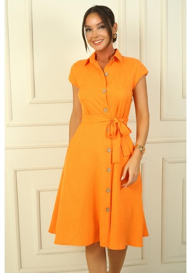 Önü Düğmeli Beli Kuşaklı Cepli Keten Elbise-38560-oranj