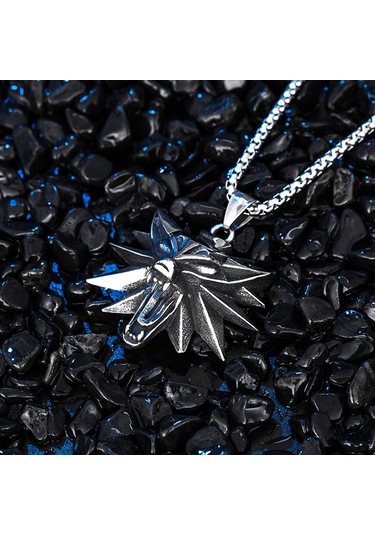 Paslanmaz Çelik Kurt Başı Titanyum Erkek Kolye Gümüş