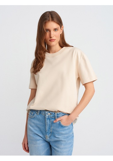 Dilvin 30312 Dekoratif Dikişli Bisiklet Yaka Tshirt-taş Taş