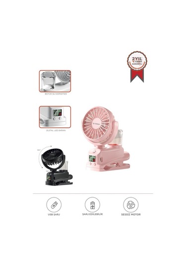 Torima F-14 Pembe Dijital Ekranlı Şarjlı Su Kapasiteli Mini Masa Fan Vantilatör