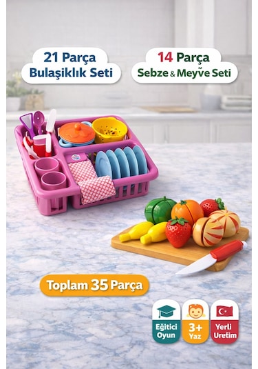 35 Parça Çocuk Mutfak Seti Pembe Bulaşıklık Tabak Tencere + Kes Diğer