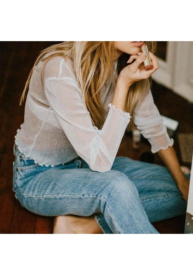 Seksi File Tişört Kadın Uzun Kollu Parlak İpek Alt Gömlek Moda Üstler Beyaz