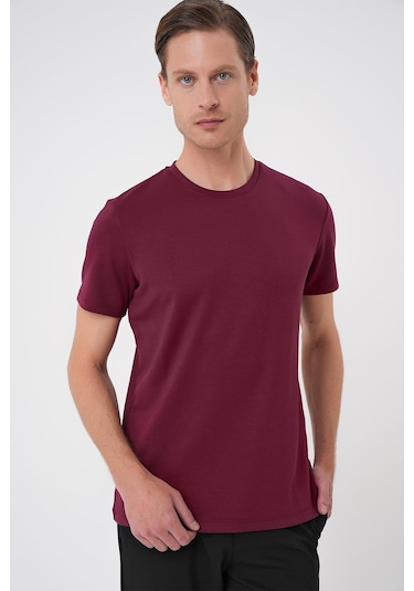 Comfort Fit Bisiklet Yaka Esnek Pamuk Casual Bordo Tişört Ts 885 Bordo