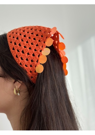 Kadın El Örgüsü Üçgen Bandana Saç Aksesuarı Turuncu