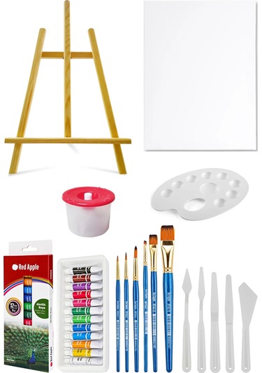 Masaüstü Şövale Akrilik Boya Seti 9 Ml 12'li Tuval Seti 35x50 Plastik Spatula Seti Çok Renkli