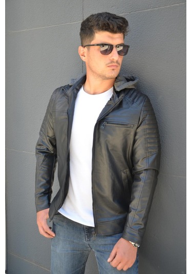 Prifaldi Erkek Kapüşonlu Deri Mont Siyah(554875697)