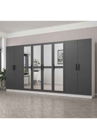 Minar Kale 8 Kapaklı 4 Aynalı 2 Çekmeceli Dolap Beyaz Antrasit 210cm Çok Renkli