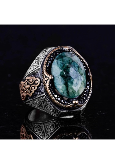 Şık El Yapımı Zümrüt Taşlı Yüzük, 925 Ayar Gümüş Yüzük Gümüş