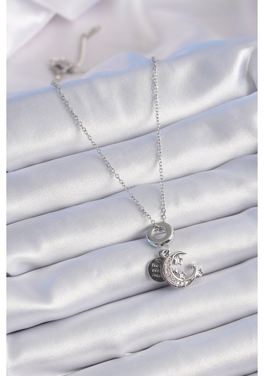 Gümüş Renk Zirkon Taşlı Ay Yıldız Figür Charm Model Kadın Kolye - Ebj241012w28468 Bakır