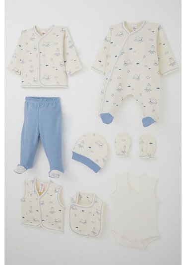 Breeze Erkek Bebek Hastane Çıkışı 8 Li Sevimli Deniz Hayvanları Desenli 0-3 Ay, Krem Krem