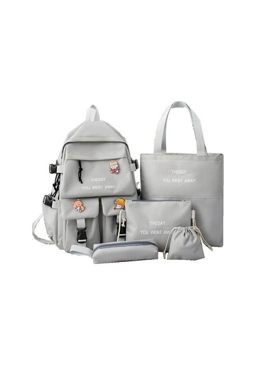 Wizmy Yeni Beş Parça Öğrenci Çantası Kadın Renk Kontrast Öğrenci Çantası Aqds6ı Açık Gri