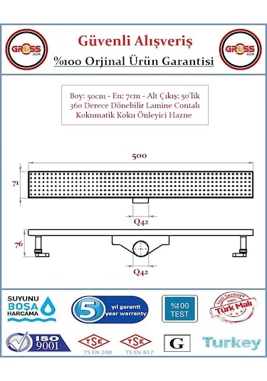 Duş Gider Kanalı - Dönerli Hazne - 304 Paslanmaz Izgara - 50cm