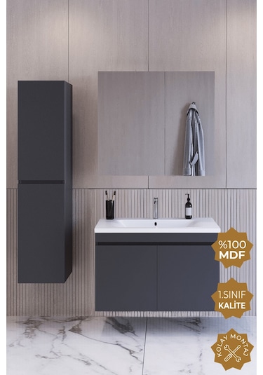Teta Home Tokyo 80 Cm Mdf Banyo Dolabı Seti +boy Dolabı Antrasit Antrasit