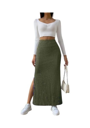 Kadın Nervürlü Örme Etek Yüksek Elastik Bel Yırtmaç Retro Uzun Etek Asker Yeşili Haki
