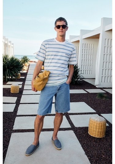 WOODY Erkek %100 Pamuk Nakış Detaylı Bisiklet Yaka Çizgili Regular Fit Beyaz-Mavi Çizgili T-Shirt