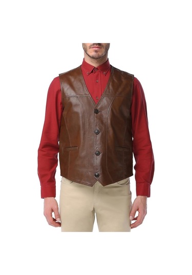 Dericlub 2145 Gerçek Deri Erkek Yelek Camel