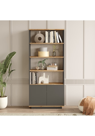 Robin Home Loft Kitaplık Raf 2 Kapaklı Raflı 168cm Çam-antrasit