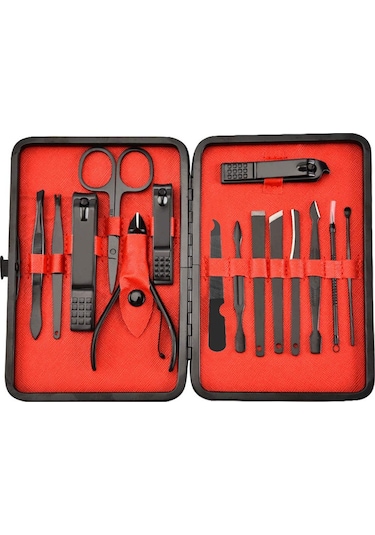 CİN290 Deri Çantalı Manikür Set Tırnak Makası Seti 15 Parça Siyah