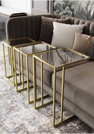 Dekoport Mira 3lü Zigon Sehpa C Sehpa - Yan Sehpa Gold Şeffaf Cam Gold Şeffaf