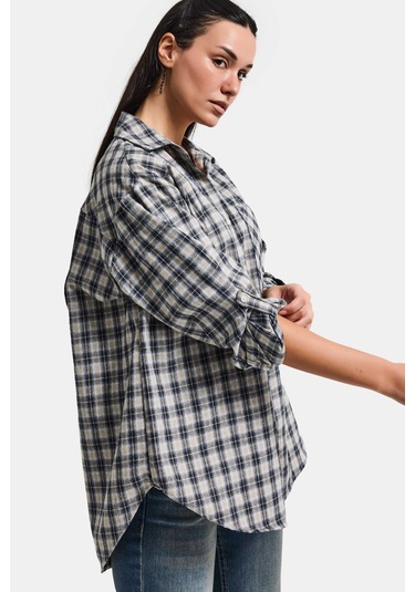 Itsbasic Kadın Siyah Beyaz S6 Ekose-27 Oversize Koton Gömlek