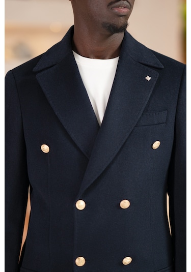 Paul Martin İtalyan Yaka Yünlü Kruvaze Kaşe Kaban Lacivert