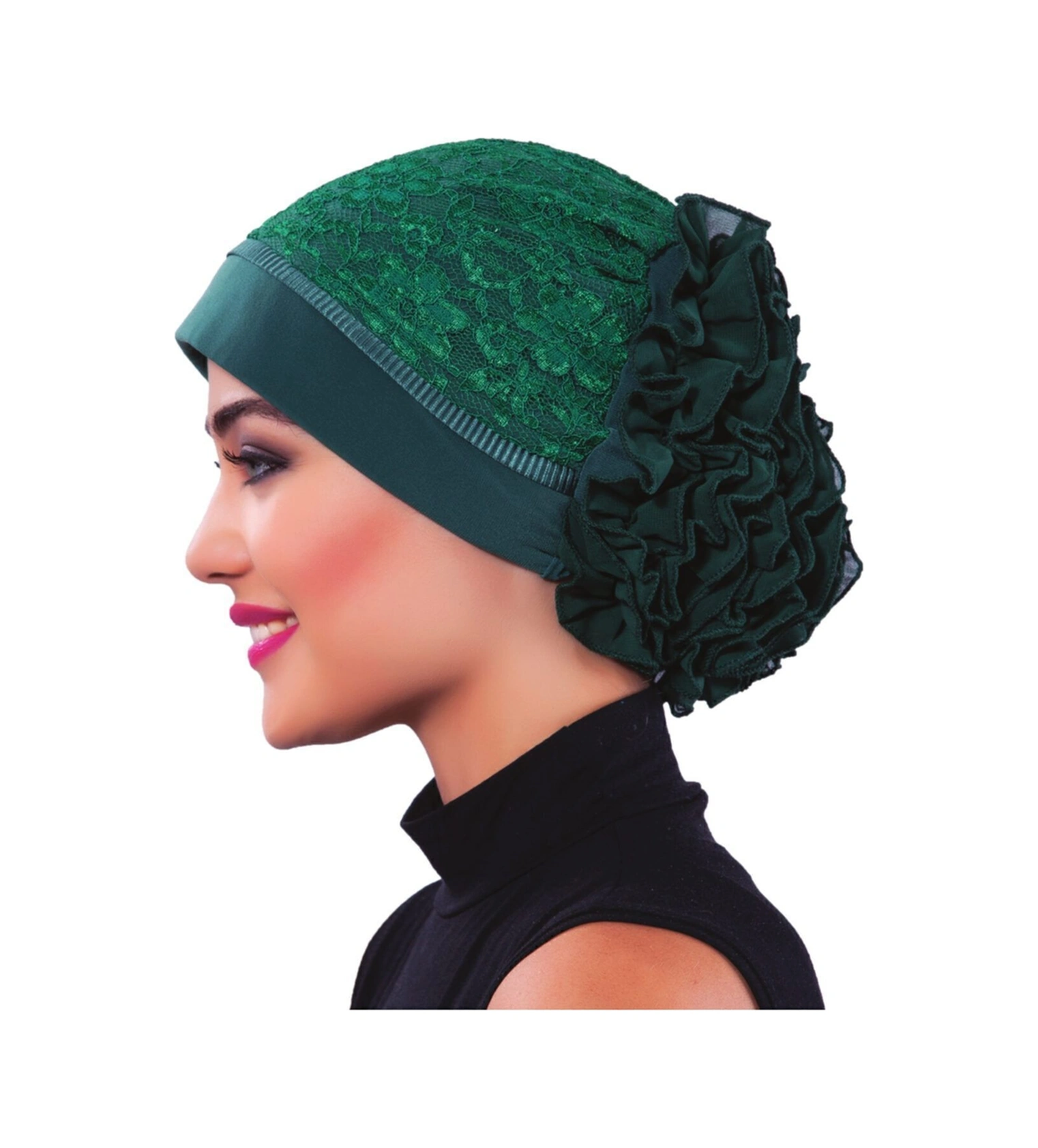 Kordoneli Arkası Fırfırlı Önü Plise Biyeli Yeşil Hazır Türban Tesettür Bone Hürrem