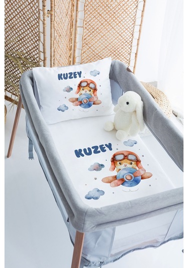 Lilabio %100 Pamuk Saten İsme Özel İsimli 70x120 Park Yatak Nevresim Seti Tavşan-uçak