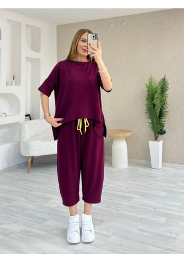 Kadın Kısa Kollu Bisiklet Yaka Viskon Iki Iplik Bluz Ve Pantolon Ikili Takım Bordo