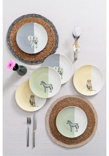 6'lı Savanda Safari Temalı Pasta Tabağı Seti 20cm - Kahvaltı & Tatlı Sunum Renkli