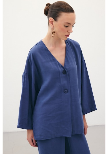 Sateen Düğmeli Kimono - İndigo-136358 İndigo