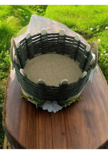 Hasır Sepet Takı Organizer Makyaj Kutusu El Yapımı Komodin Üstü Sepeti Haki