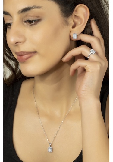 Gümüş Tek Taş Baget Set Kolye Yüzük Çivili Küpe Wss12C