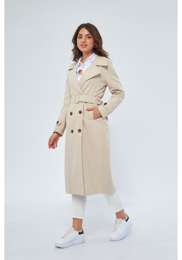 %100 Pamuk Ekstra Uzun 120cm Kruvaze Kadın Trençkot 1121 Taş Rengi Taş