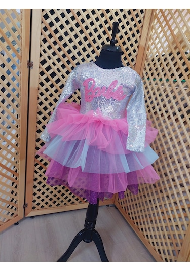 Uzun Kollu Barbie Elbise Rengarenk Pembe Gri