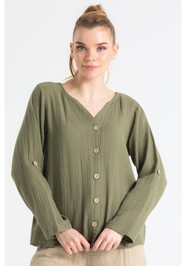 Uzun Kol Müslin Sedef Gömlek Haki Hk-haki Haki