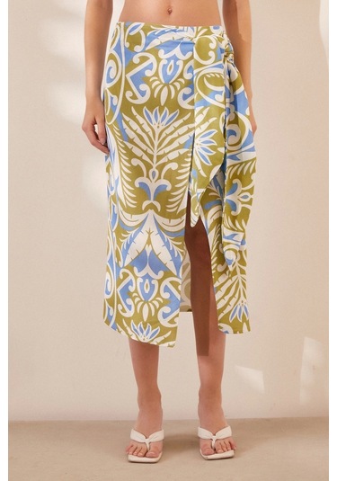 Never More Yırtmaçlı Desen Etek Mavi