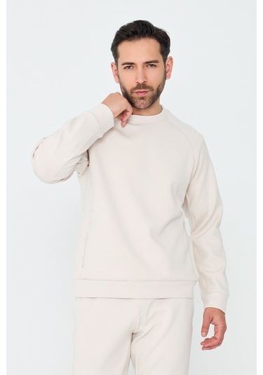 White Stone Kırık Beyaz Pamuklu Erkek Basic Sweatshirt Off-whıte