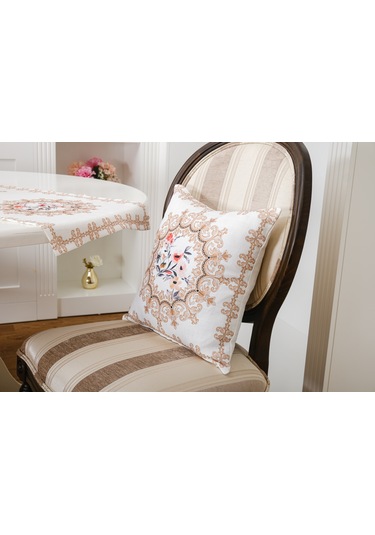 Finezza Frame Baskılı Kumaş Kreme Çiçekli  Kırlent Kılıfı 45x45  İkili - 1433