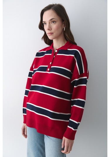 Kırmızı Lacivert Polo Yaka Şeritli Kazak - 251129 Kırmızı - Lacivert