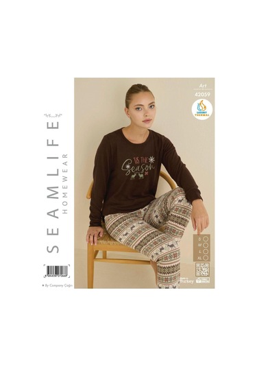 Seamlife Kadın Kışlık Termal Uzun Kollu Pijama Takımı Kahverengi