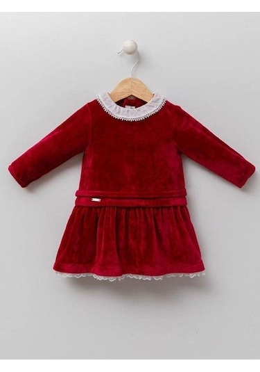 Cantoy Kız Bebek Kırmızı Kadife Tasarım Elbise-15216 Kırmızı
