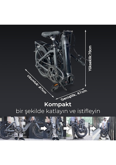 Katlanabilir Elektrikli Bisiklet B13 Pedelec Gri Güçlü 36v 14