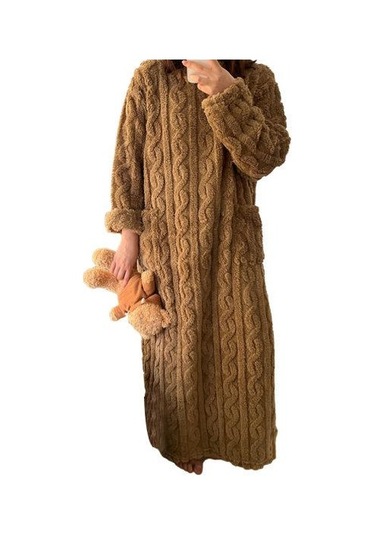 Sonbahar Kış Gecelik Kalın Mercan Polar Gevşek Cepler Sıcak Düz Renk Yuvarlak Boyun Bükülmüş Doku Uzun Kollu Tam Boy Termal Ev Tekstili Kahve Kahverengi