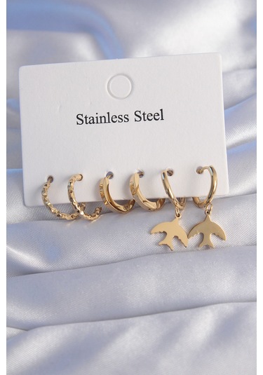 Ezoconcept 316l Çelik Gold Renk Oval Tasarım Kuş Model Küpe Seti Çok Renkli