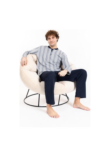 Erkek Penye Pamuk Regular Kalıp Sıfır Yaka Kaliteli Pijama Takımı A803123-açık Gri Açık Gri