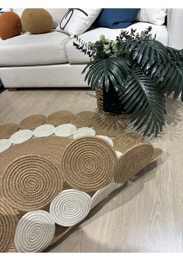 Mavaux Hasır Jüt Çiçek Desenli Kilim Halı Krem - Bej