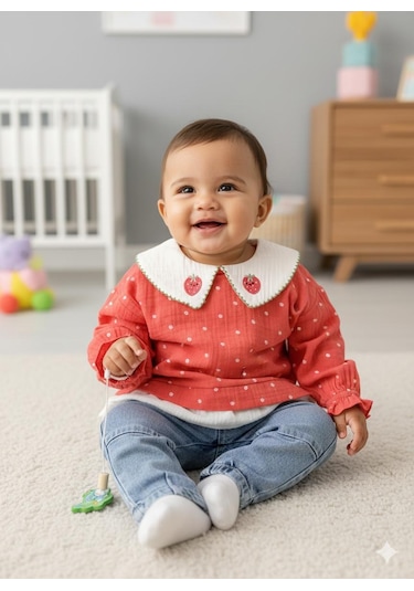 Alpbebe Çilek Yakalı Müslin Gömlekli Kot Pantolonlu 2'li Takım Nar Çiçeği