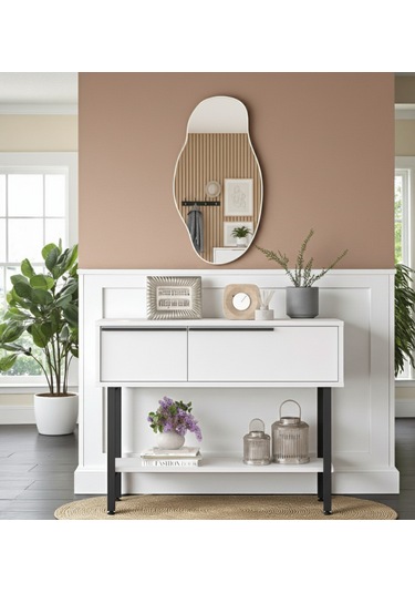 Robin Home Antre Hol Salon Aynalı Dresuar Kapaklı Metal Ayaklı No1 Beyaz Beyaz