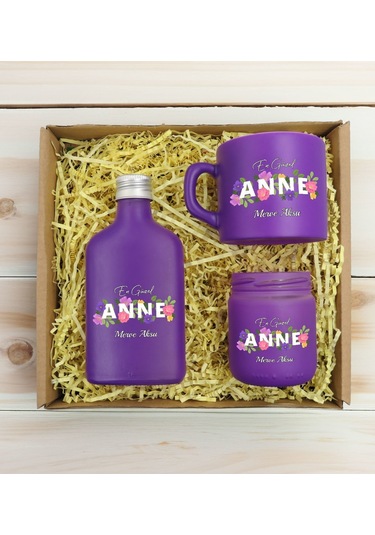 Bk Gift Kişiye Özel İsimli Dtf Anne Temalı Mor Kahve Fincanı & Kolonya & Mum Hediye Seti-3, Anneye Hediye, Anneler Günü Hediyesi Kobitmeyencom30971 Bk